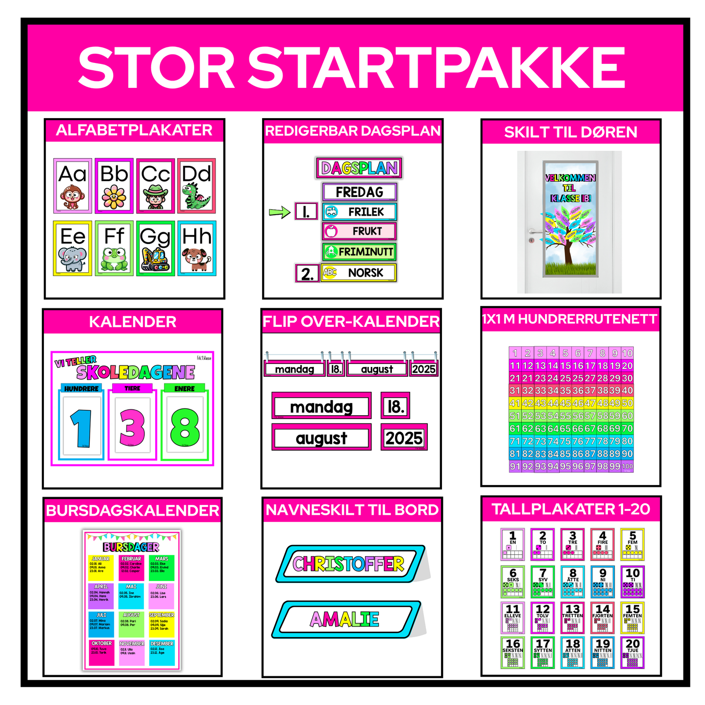 Ferdig klasserom – stor startpakke | REGNBUE MED ROSA | BOKMÅL (For flere)
