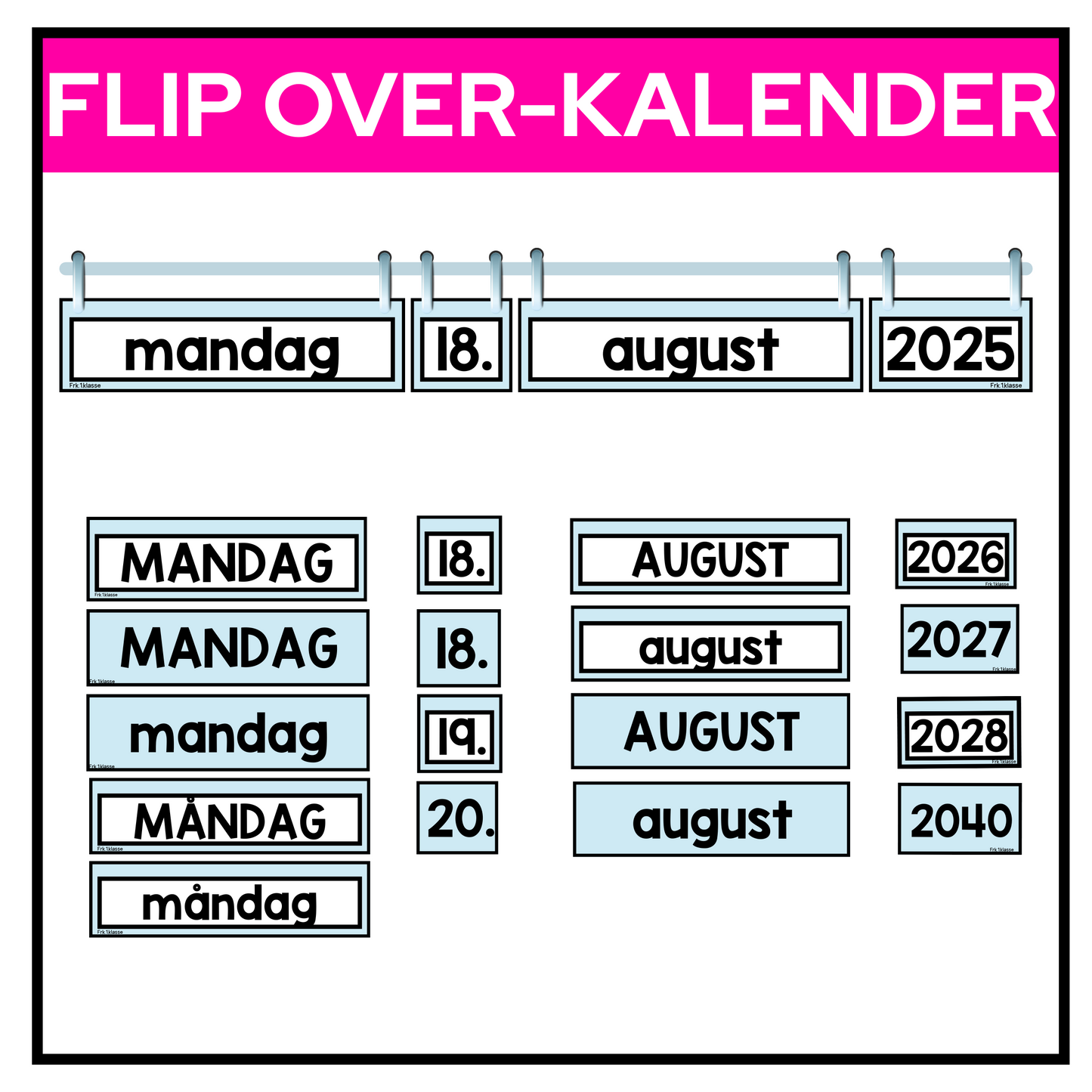 Flip over-kalender blås pastell. Dager, dato, måned og år.