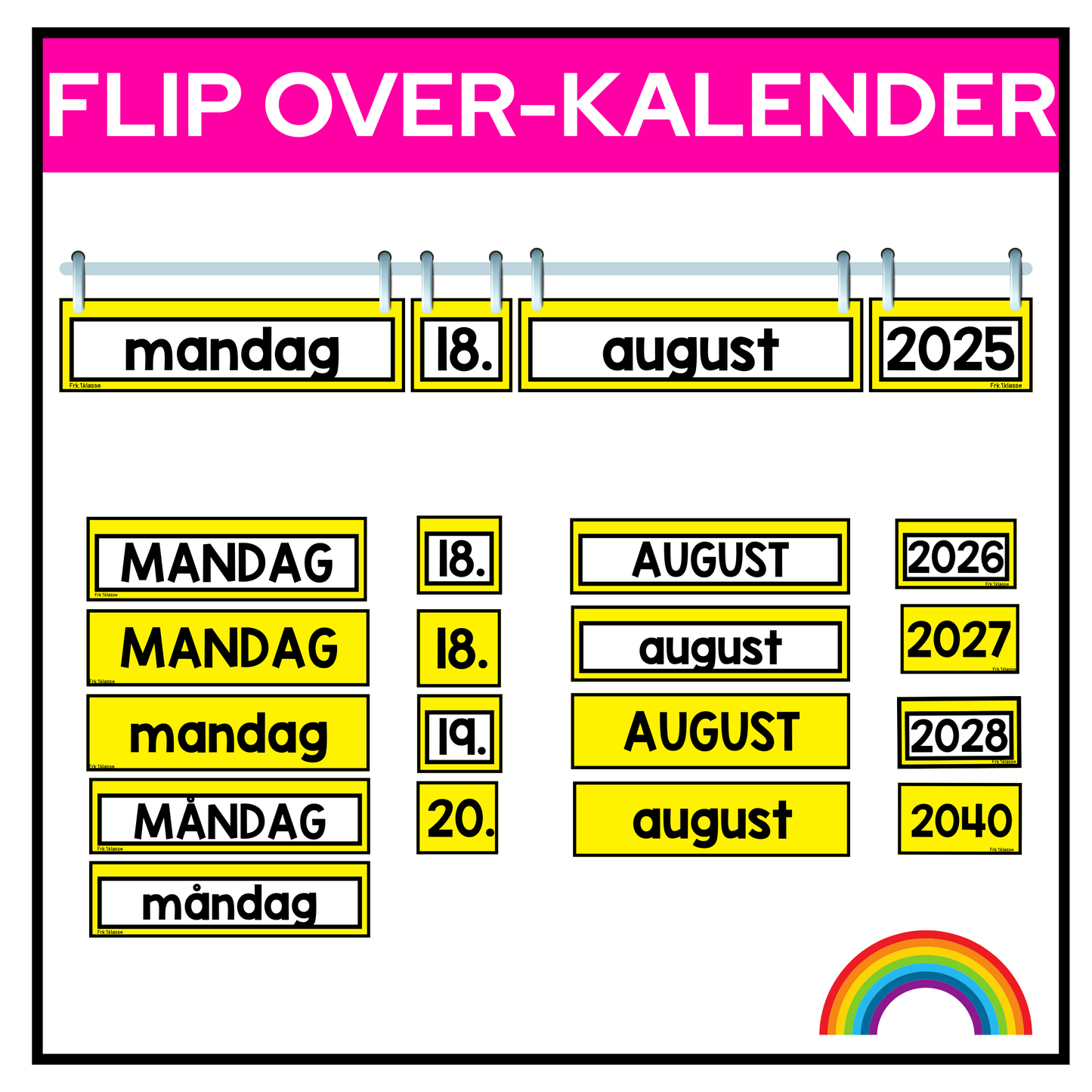 Gul flip over-kalender. Dag, dato, måned og år.