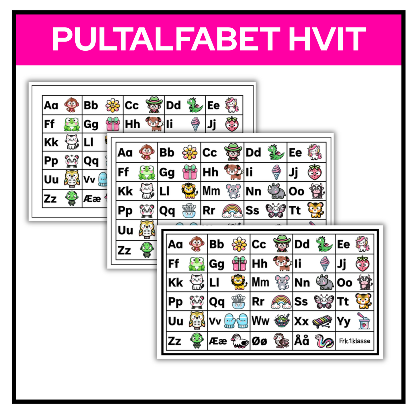 Pultalfabet i hvit med illustrasjoner – store og små bokstaver til bruk på pulten.