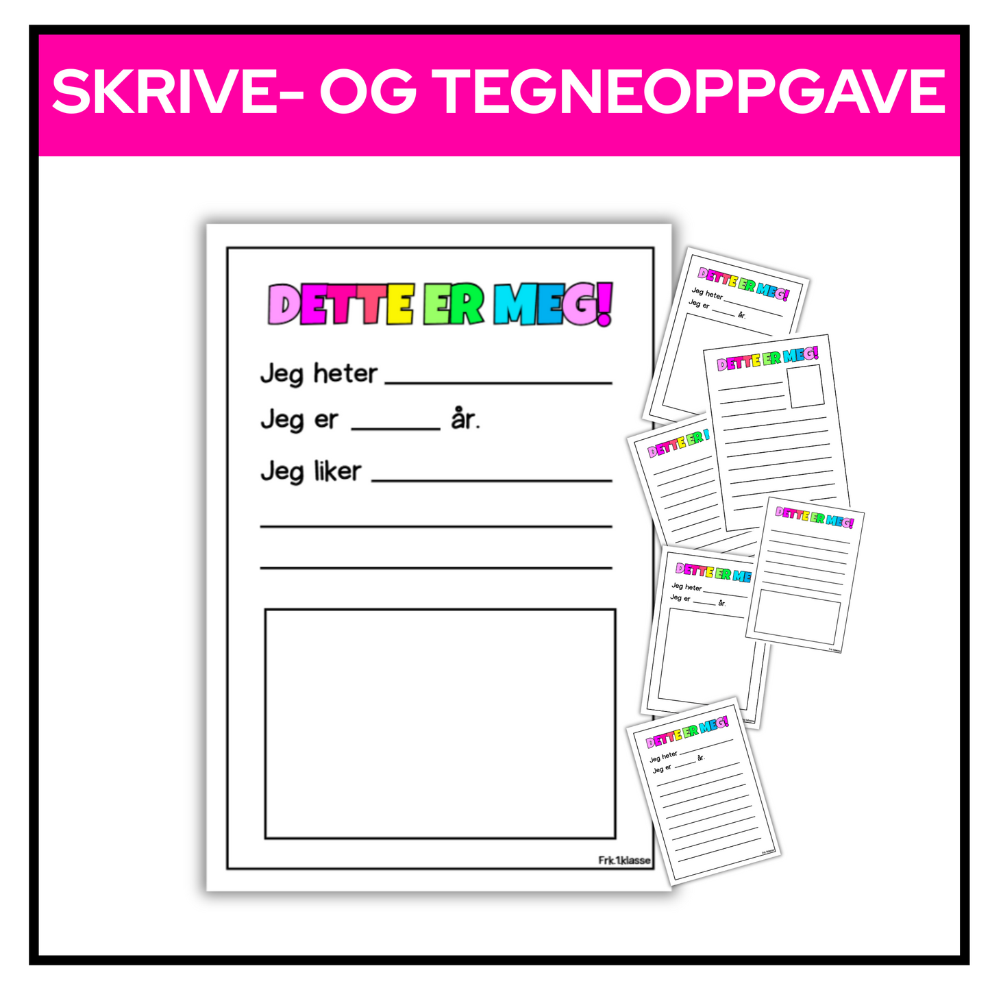 Skrive- og tegneoppgave med seks ulike maler der elevene kan skrive om seg selv og tegne et bilde.