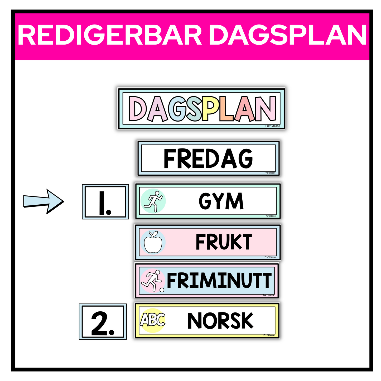 Dagsplan i pastell til å henge opp i klasserommet.