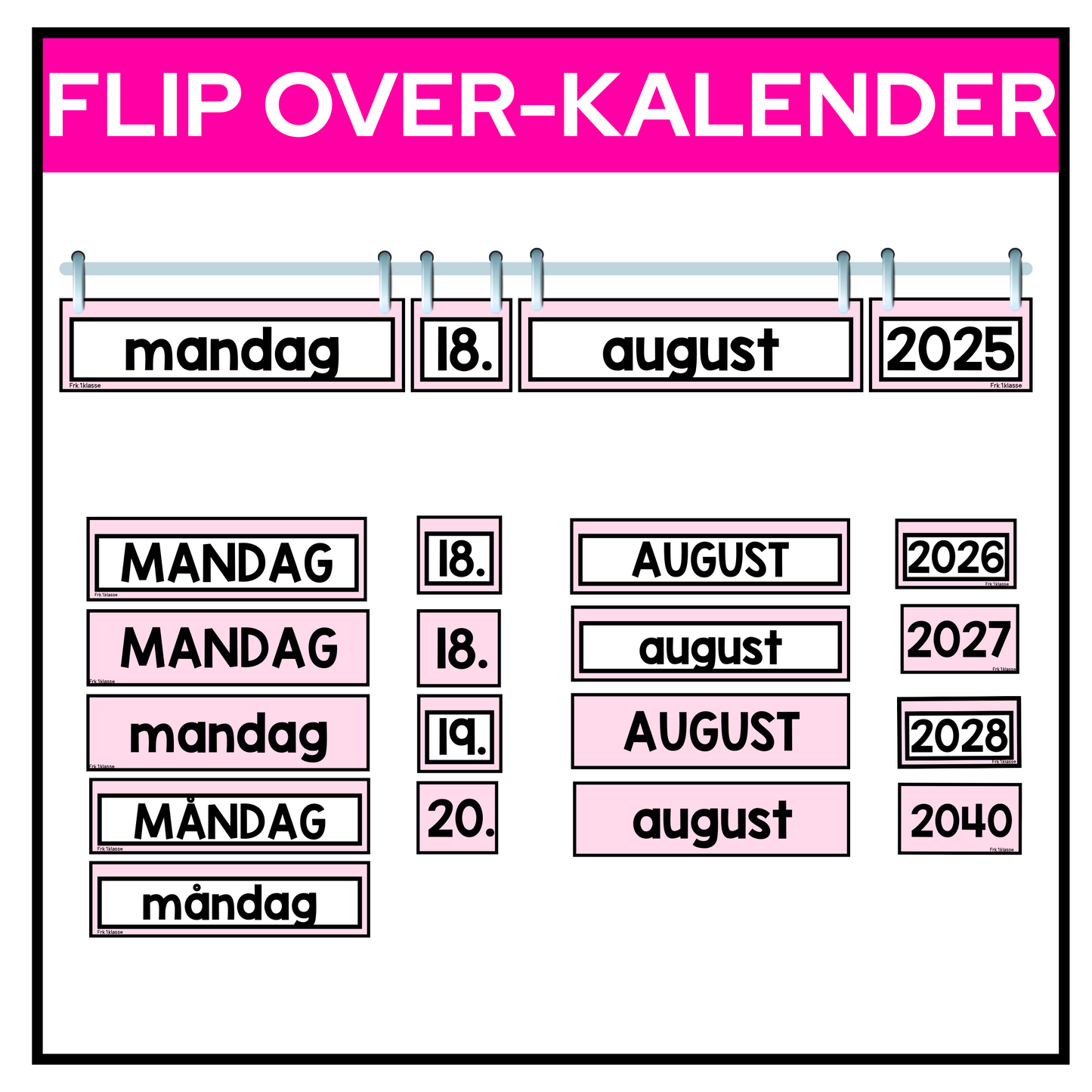Flip over-kalender rosa pastell. Dager, dato, måned og år.