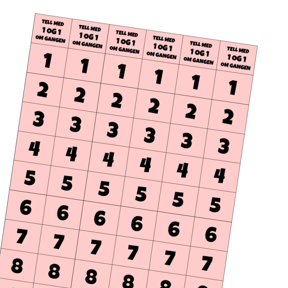 Gangetelleremser fra 1 til 10, med telling i kolonner for 1, 2, 3, 4, 5, 6, 7, 8, 9 og 10.