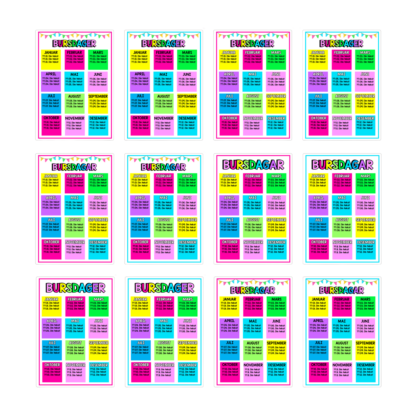 Bursdagskalender | Redigerbar| REGNBUE MED ROSA | BOKMÅL OG NYNORSK