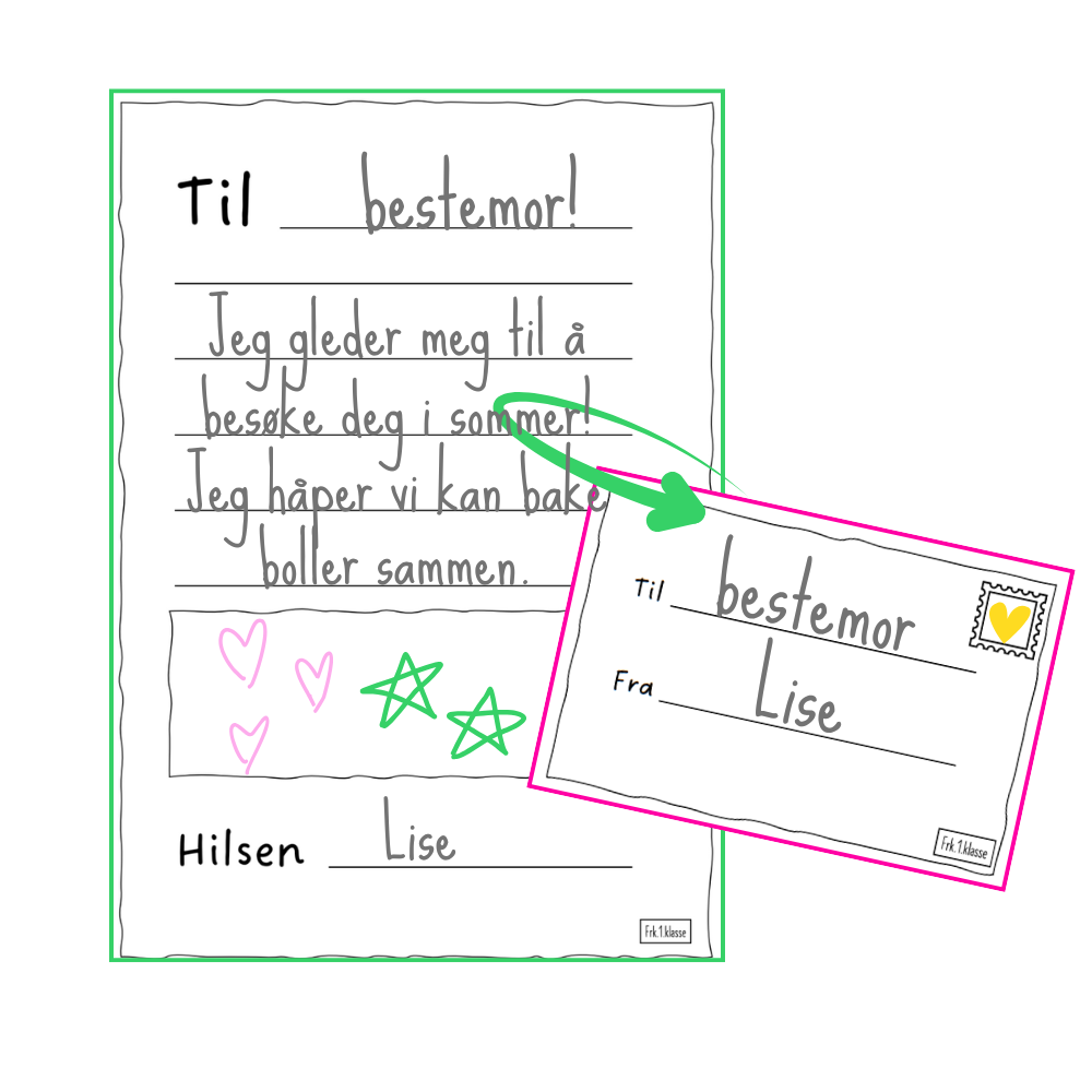Ark som kan brettes til konvolutt, med plass til å skrive og tegne et personlig brev. Til og fra, streker til å skrive og boks til tegning.