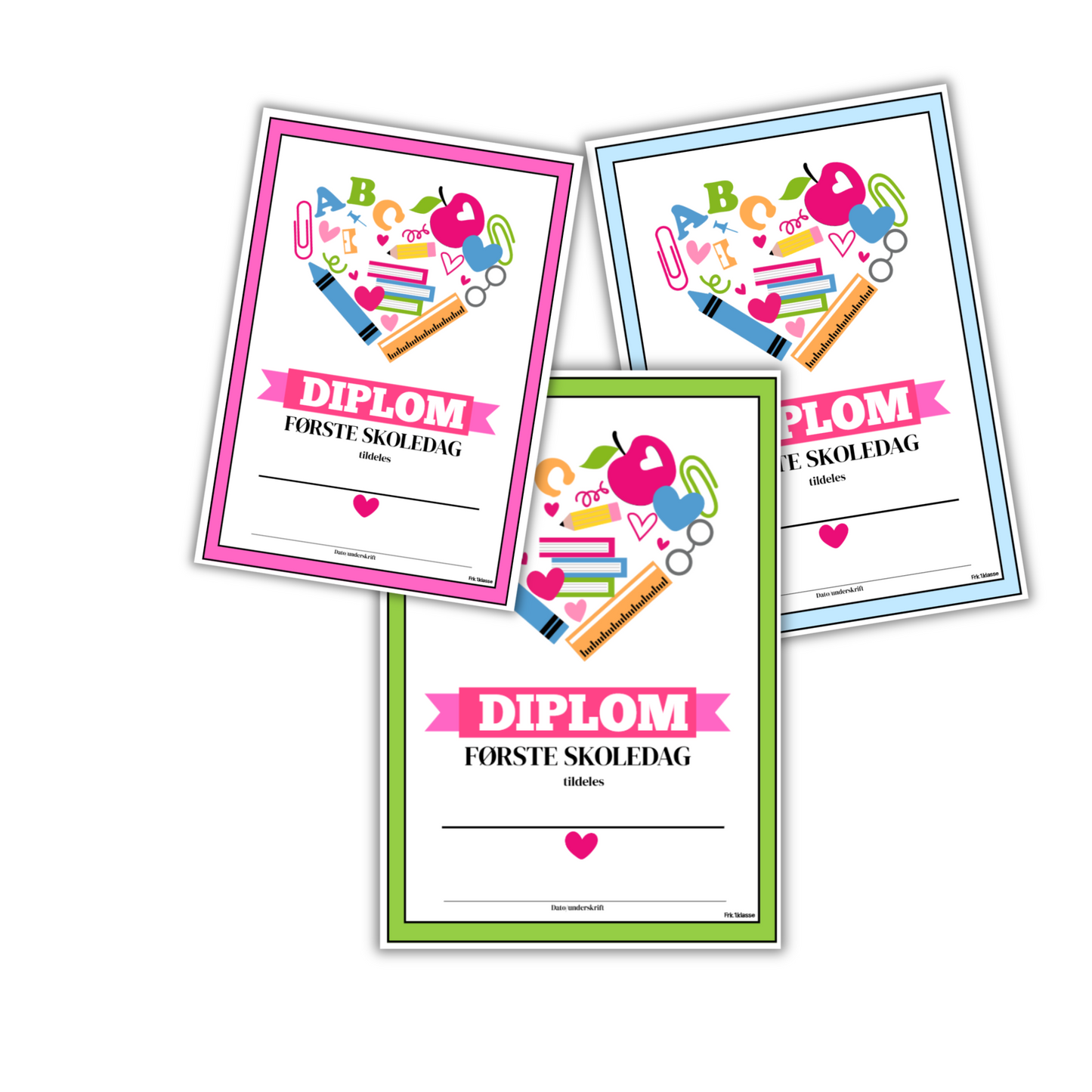 Diplom for første skoledag i 1. klasse med ulike design