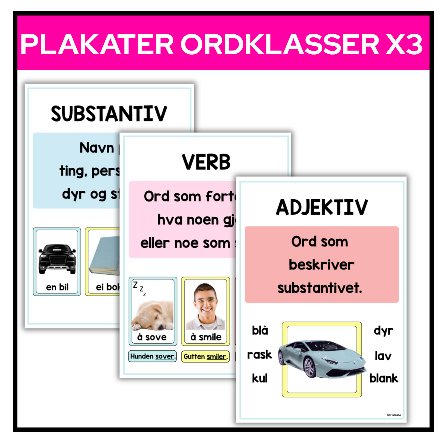 Plakat | Substantiv, verb, adjektiv | A4/A3 | Fotografier | PASTELL