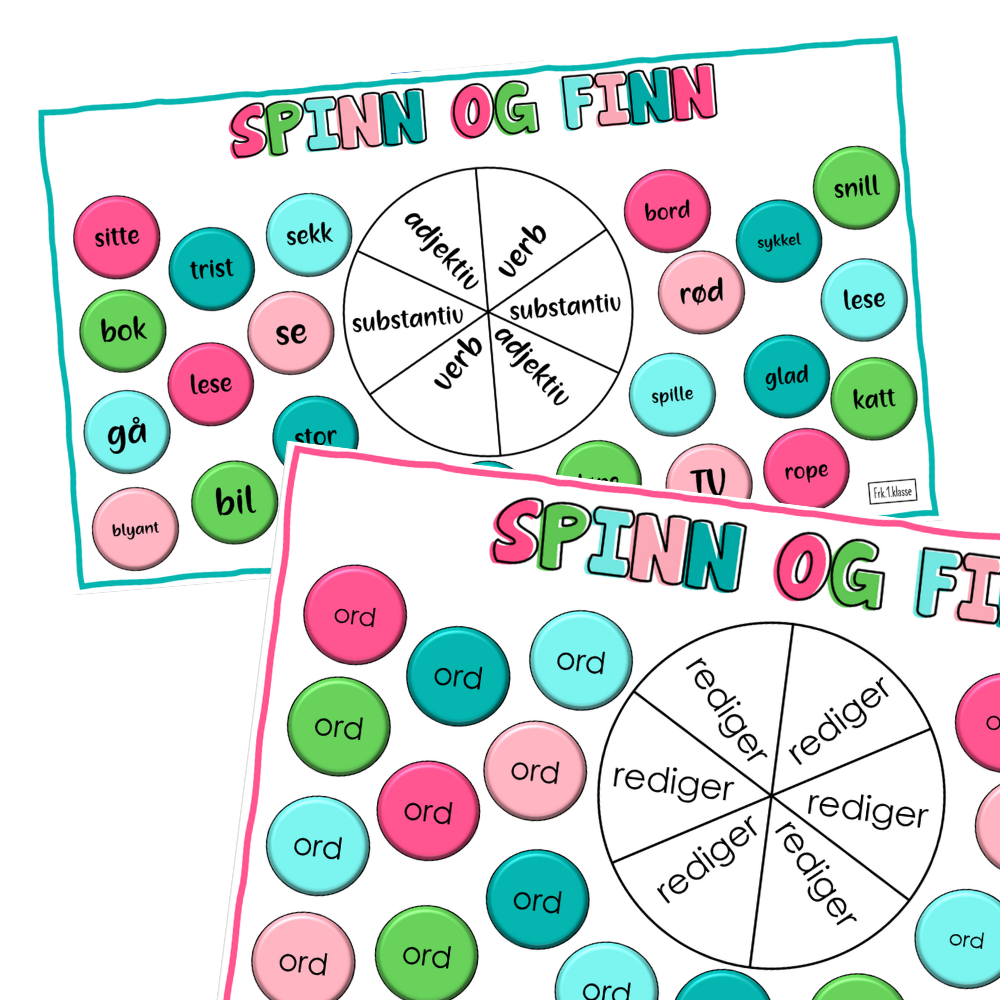 Brettspill med ord og spinner for å øve på ordklasser.