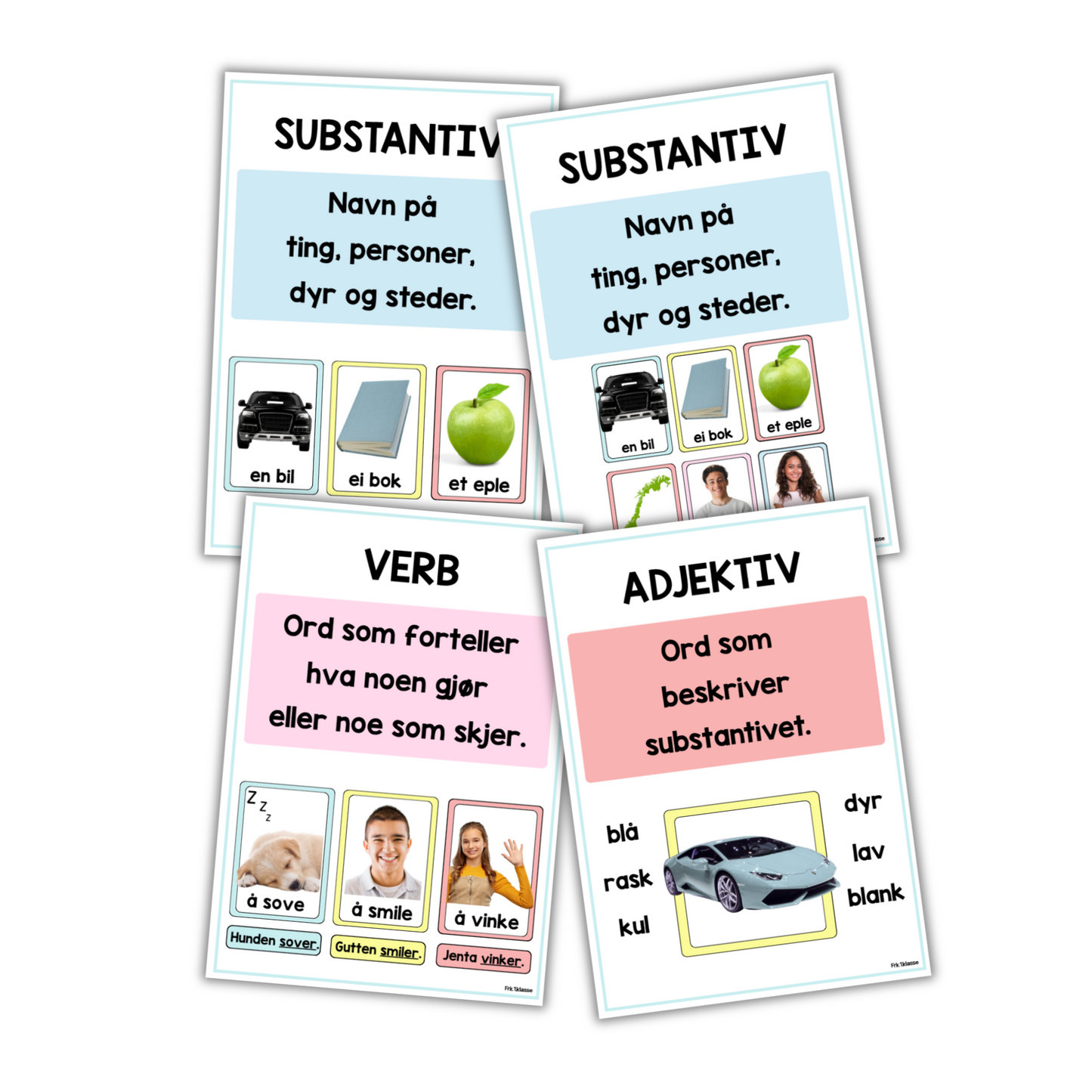 Plakat | Substantiv, verb, adjektiv | A4/A3 | Fotografier | PASTELL