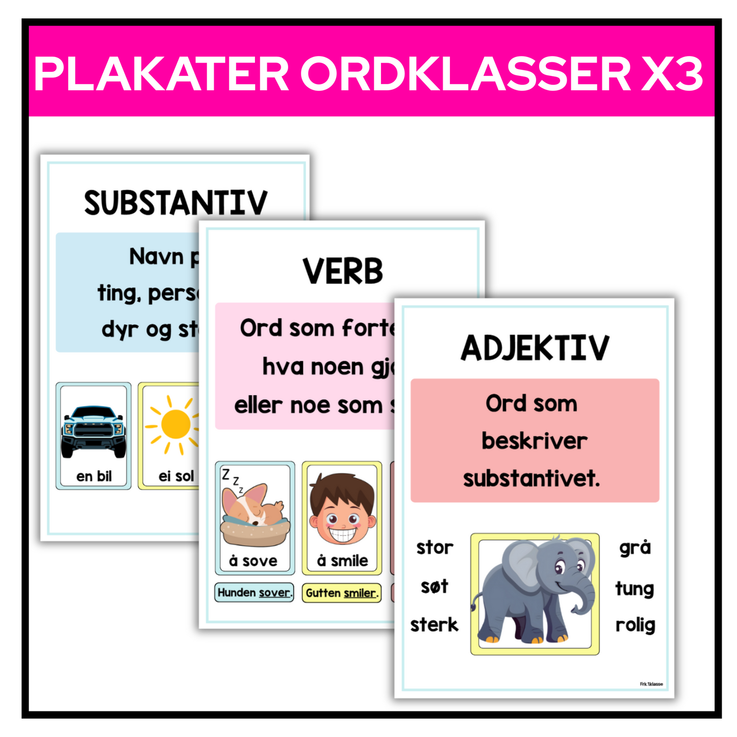 Plakat | Substantiv, verb, adjektiv | A4/A3 | CLIPART/GRAFIKK | PASTELL