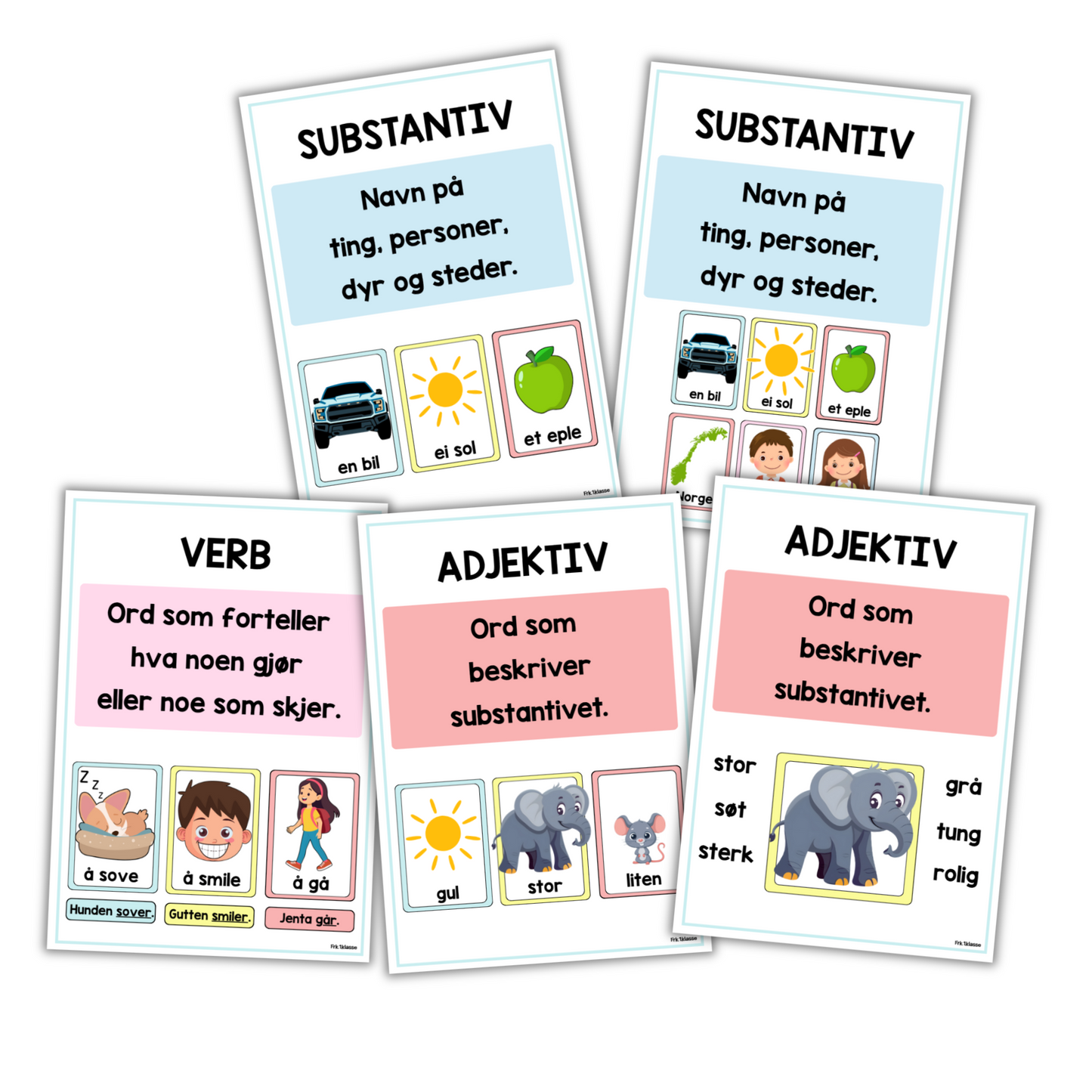 Plakat | Substantiv, verb, adjektiv | A4/A3 | CLIPART/GRAFIKK | PASTELL