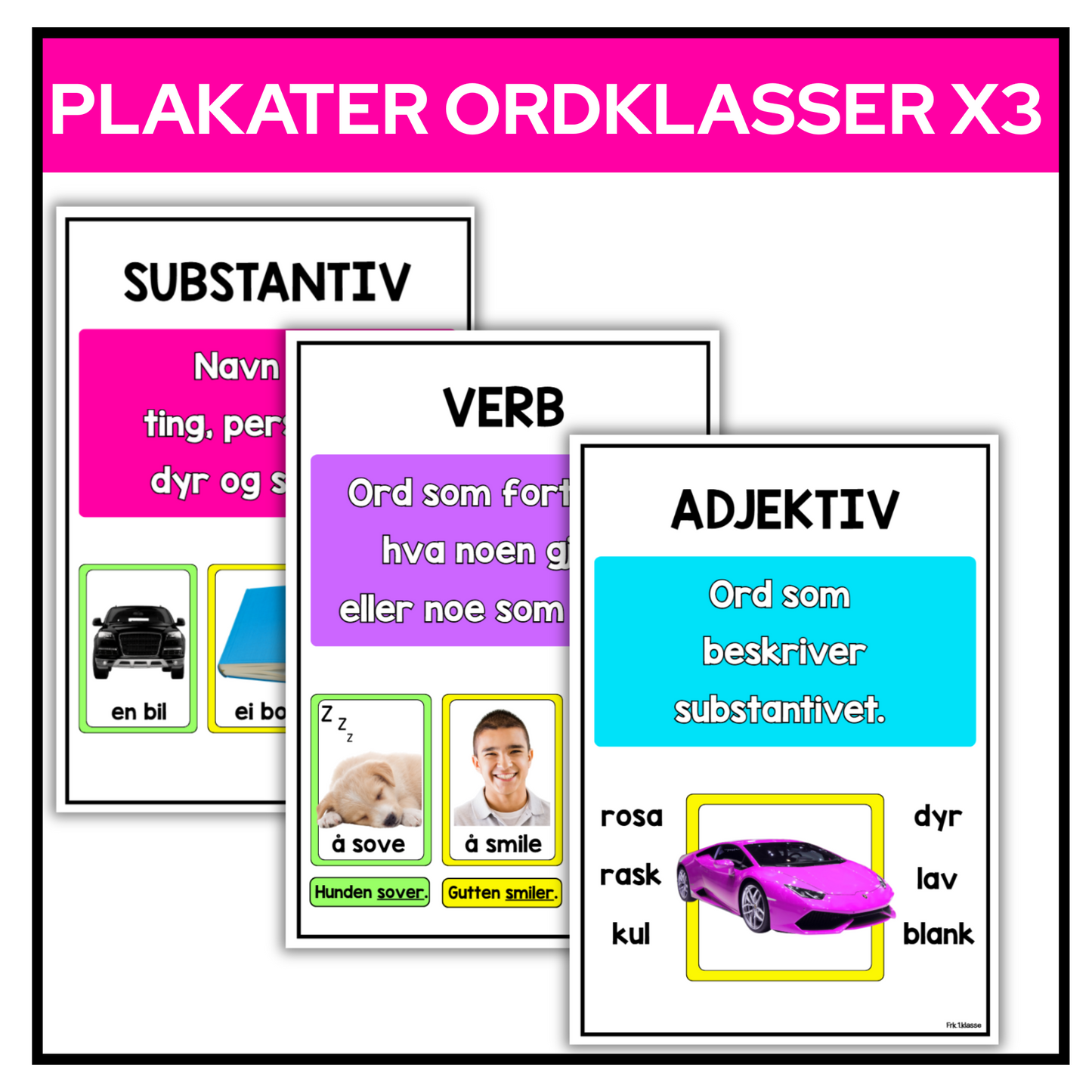 Plakat | Substantiv, verb, adjektiv | A4/A3 | Fotografier | REGNBUE MED ROSA
