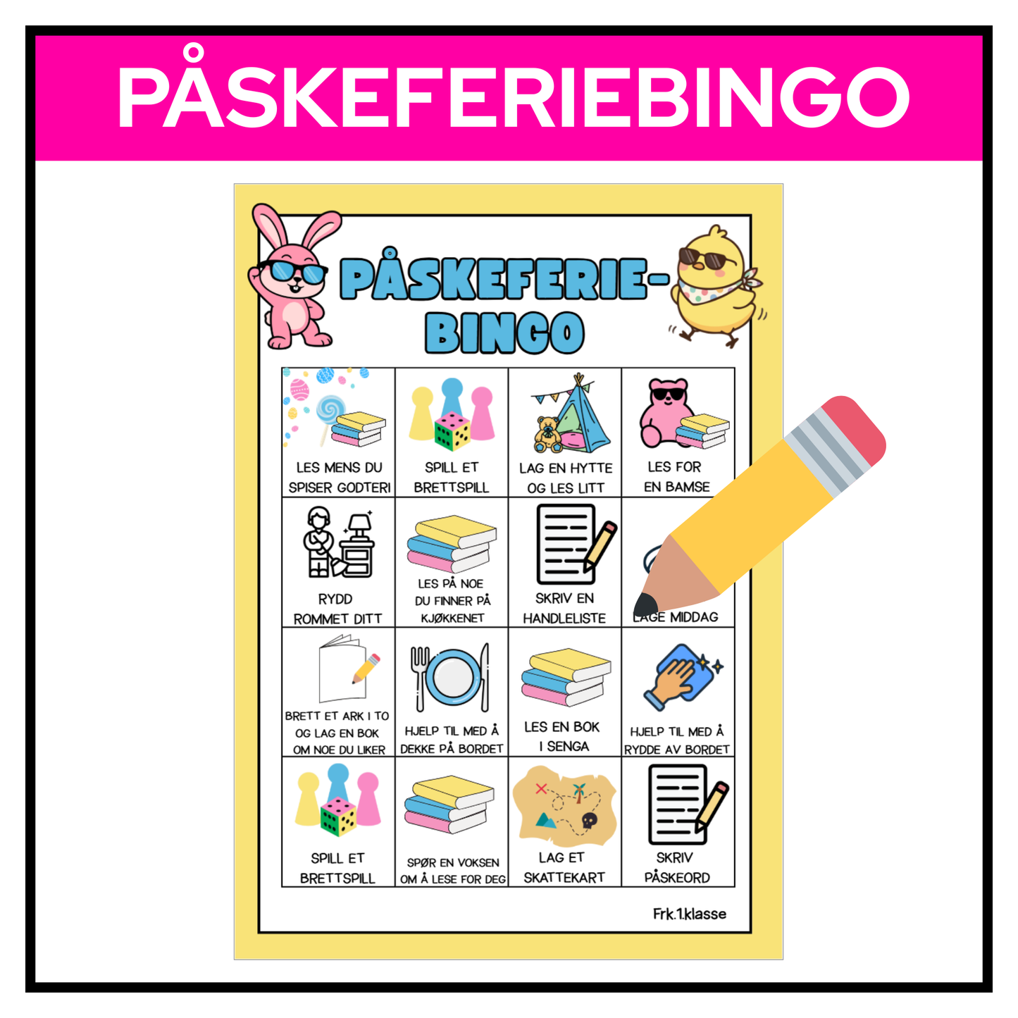 Påskeferiebingo – lesing, skriving, lek og små hverdagsoppgaver.