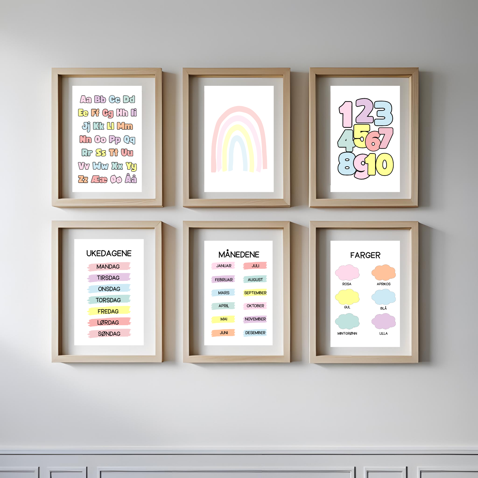 Alle plakatene i pastellserien i ramme.