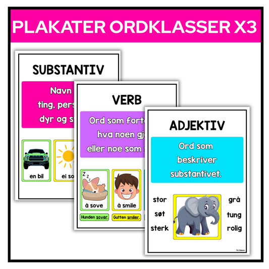 Plakat | Substantiv, verb, adjektiv | A4/A3 | Clipart/grafikk | REGNBUE MED ROSA