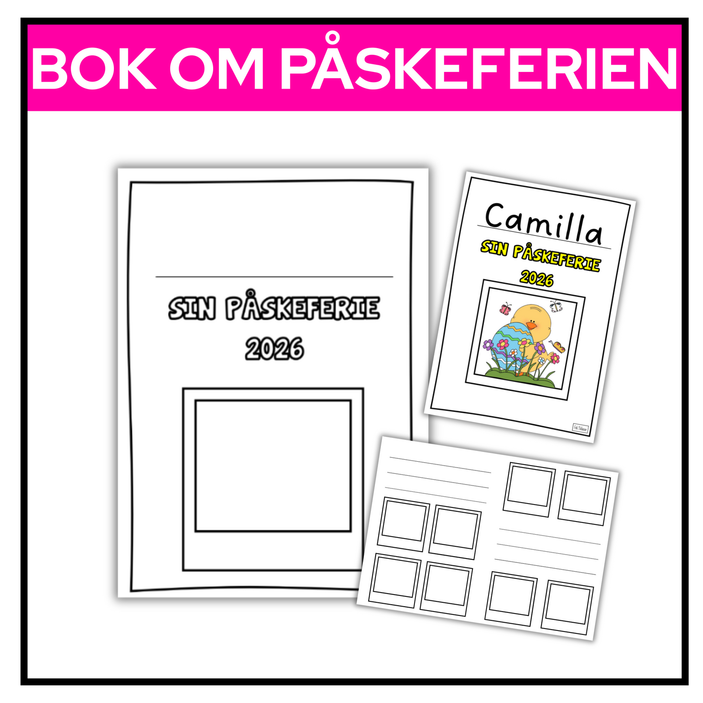 To ulike maler for elevbok om påskeferien med plass til tegning og skriving av ord eller setninger.