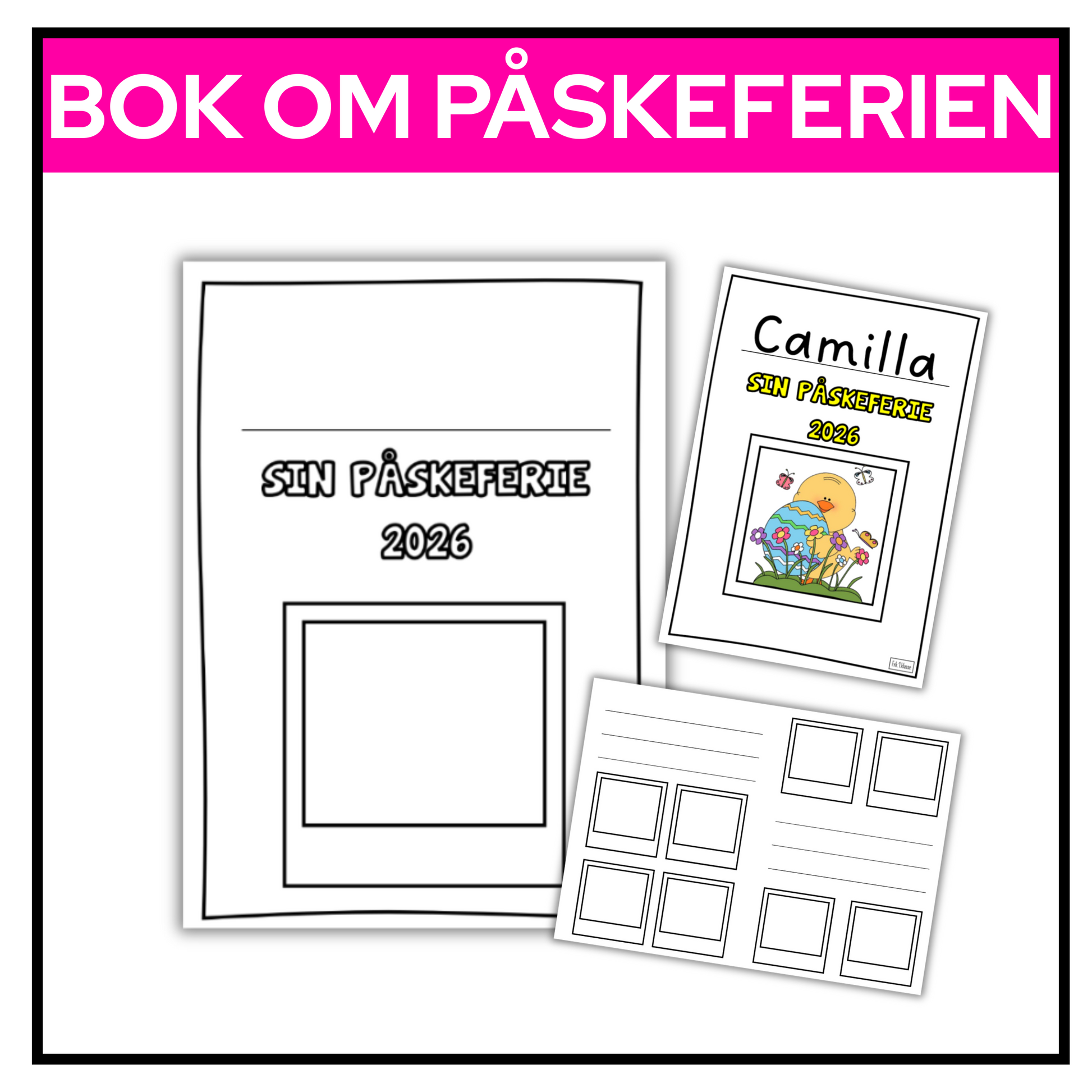 To ulike maler for elevbok om påskeferien med plass til tegning og skriving av ord eller setninger.