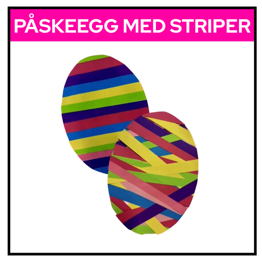 Påskeegg med striper. Papiregg der elever limer fargede papirremser for å lage mønster. Perfekt til formingsaktiviteter i påsken.