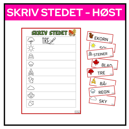 Skriveøvelse med høstbilder og ordlapper – elever finner lapper og skriver ordene på eget ark.

