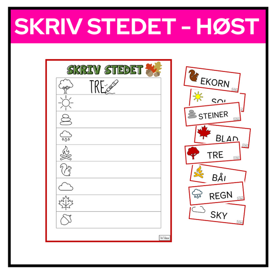 Skriveøvelse med høstbilder og ordlapper – elever finner lapper og skriver ordene på eget ark.

