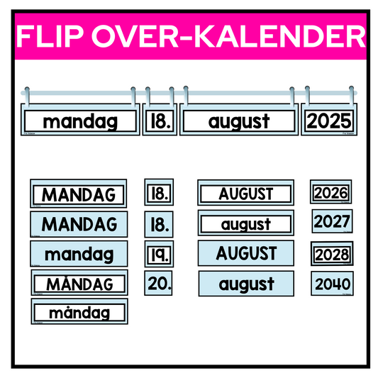 Flip over-kalender blås pastell. Dager, dato, måned og år.