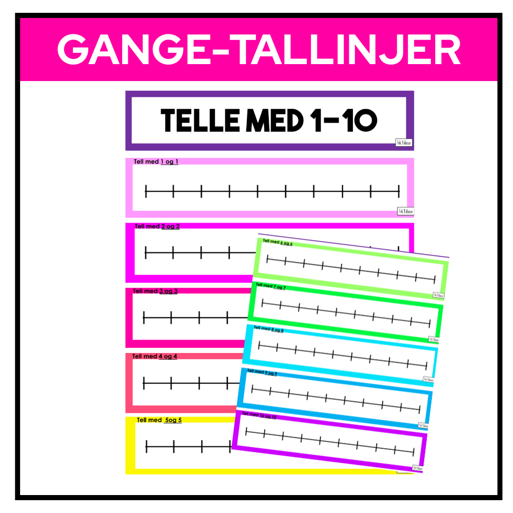 Tomme gangetallinjer der elevene kan fylle inn tall ved å telle med 2, 3, 4 og opp til 10 om gangen.