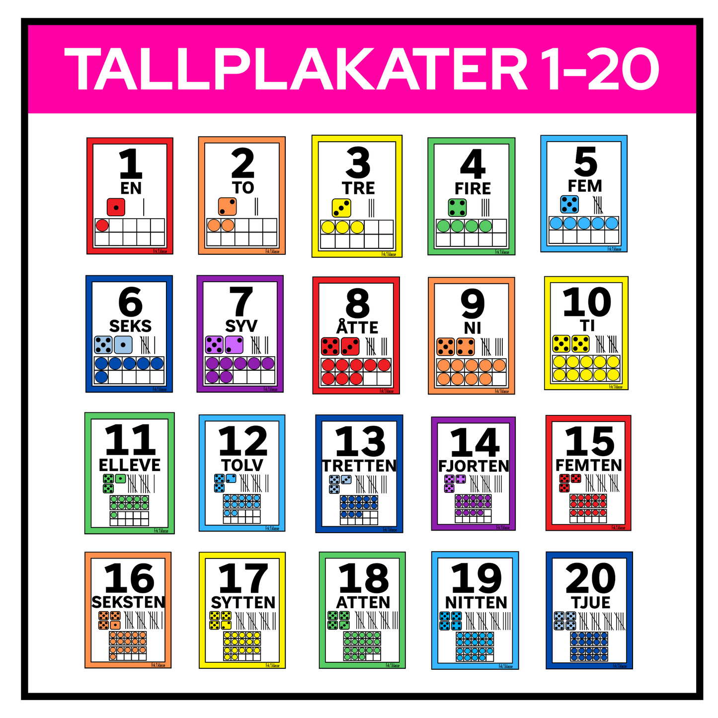 Tallplakater 1-20 med tall, bokstaver, terning, streker og rutenett.