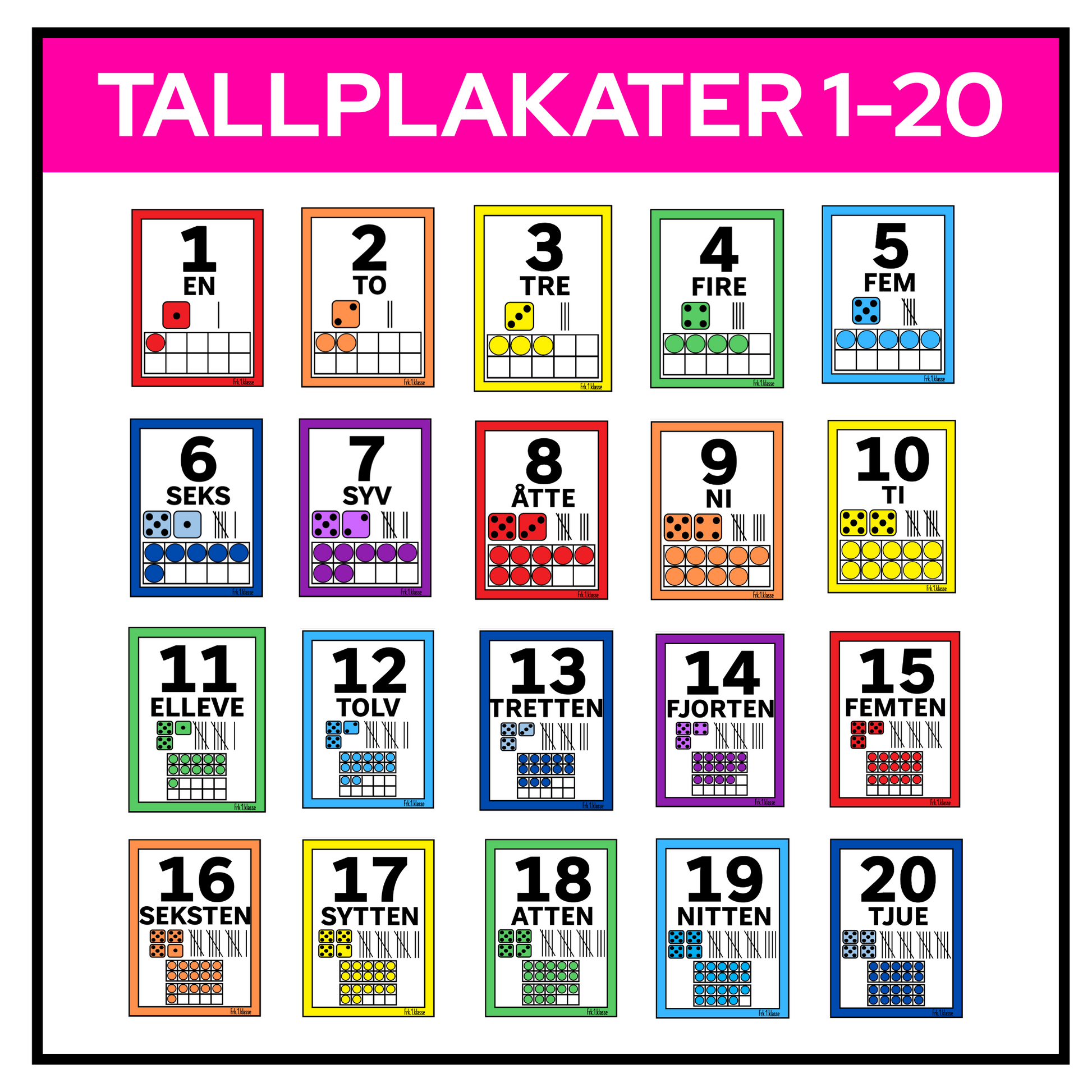 Tallplakater 1-20 med tall, bokstaver, terning, streker og rutenett.