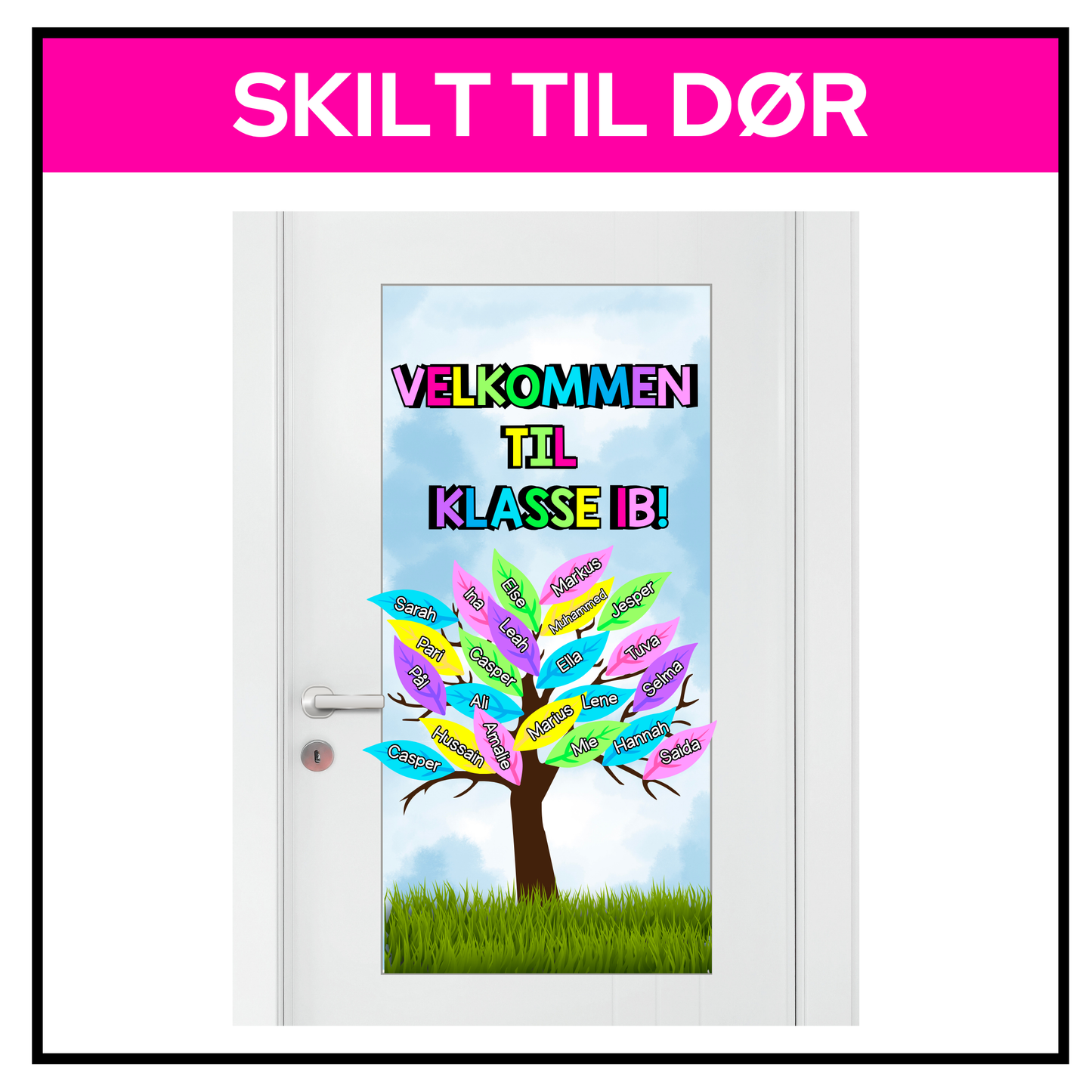 Velkommen-skilt til dør | A3 | Redigerbart | REGNBUE MED ROSA