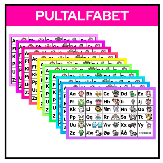 Pultalfabet i regnbuefarger med illustrasjoner – store og små bokstaver til bruk på pulten.