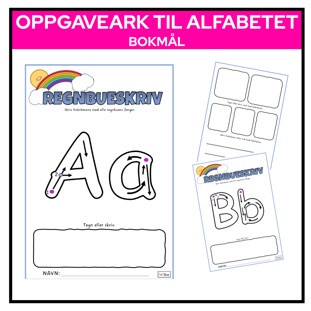 Eksempelark for bokstaven A med blyantføringspiler, regnbueinstruks og plass til å skrive bokstaver eller tegne noe på bokstaven.

