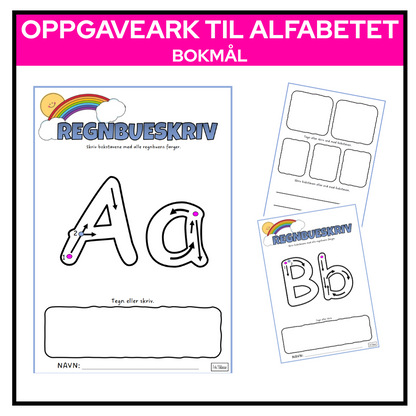 Eksempelark for bokstaven A med blyantføringspiler, regnbueinstruks og plass til å skrive bokstaver eller tegne noe på bokstaven.

