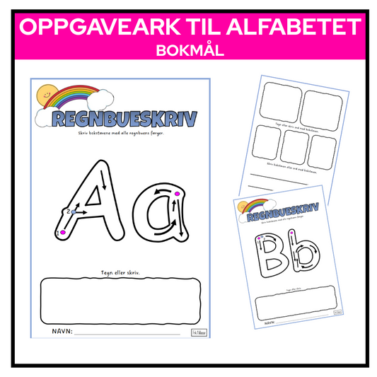 Eksempelark for bokstaven A med blyantføringspiler, regnbueinstruks og plass til å skrive bokstaver eller tegne noe på bokstaven.

