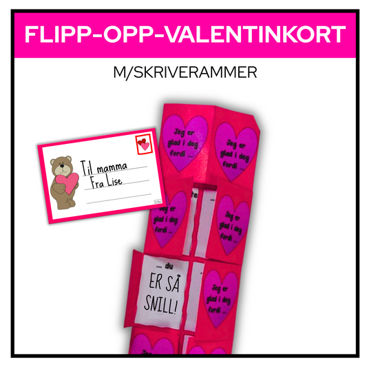 Flipp opp-valentinkort med skriverammer, luker.