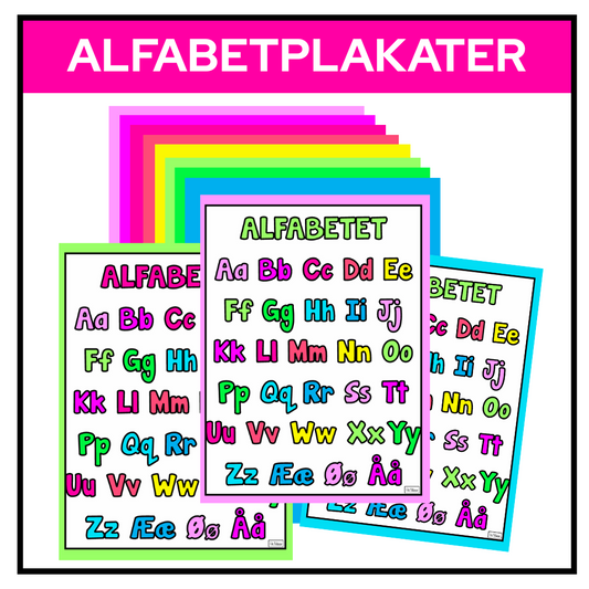 Alfabetplakater i ti ulike farger, klare til utskrift og oppheng i klasserommet.