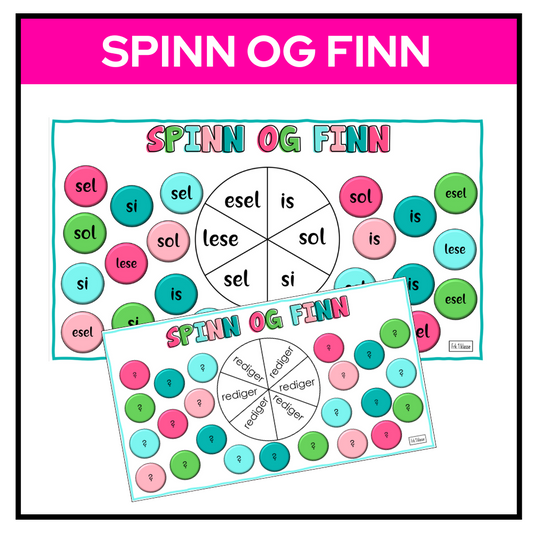 Spinn og Finn-spill med fargerike bokstaver, spinner og brikker i ulike farger. Tre spillbrett og redigerbare maler.