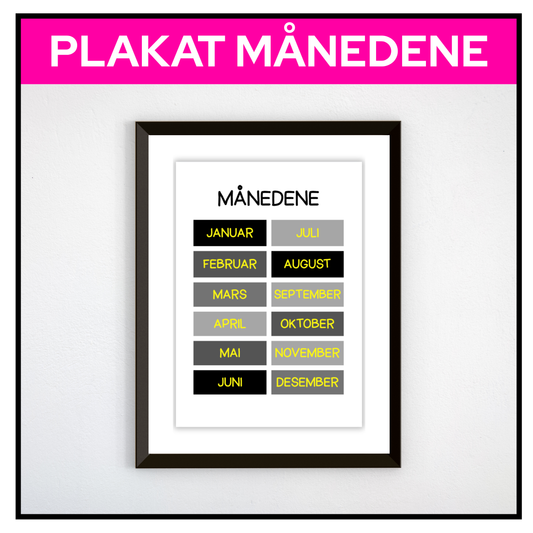 Månedene i bokser, svart og gult, innrammet