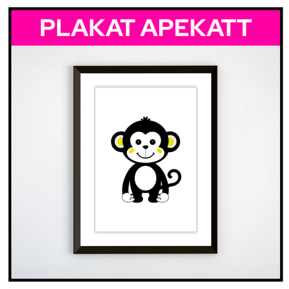 Plakat med apekatt i svart/gult, innrammet