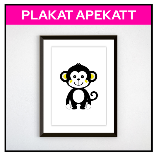 Plakat med apekatt i svart/gult, innrammet