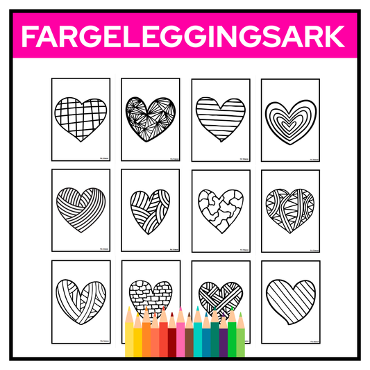 Fargeleggingsark hjerter – 2 per A4‑side