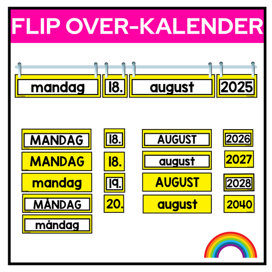 Gul flip over-kalender. Dag, dato, måned og år.