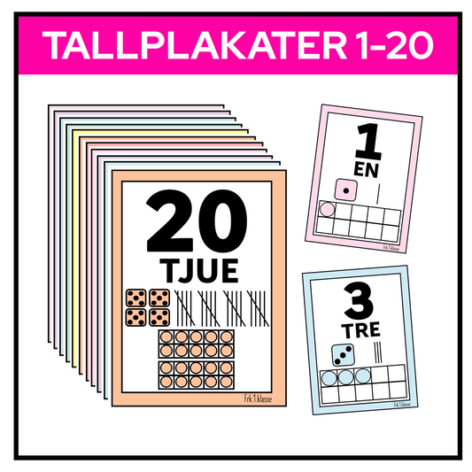 Pastellfarget tallplakat vist i siffer og tall, ord, terninger, streker og rutenett.