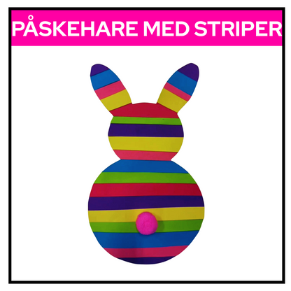 Påskehare med striper i papir/papirstrimler. Elevene limer fargede papirstrimler på malen og lager kreative påskeharer til dekorasjon.


