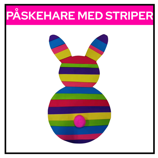 Påskehare med striper i papir/papirstrimler. Elevene limer fargede papirstrimler på malen og lager kreative påskeharer til dekorasjon.


