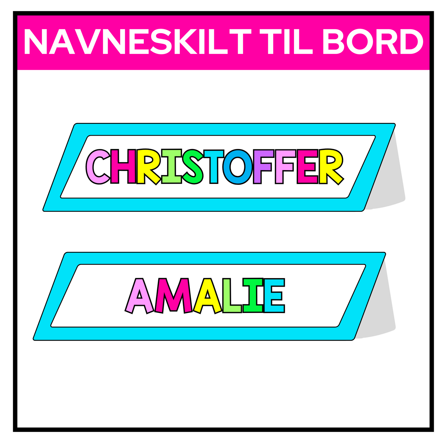 Tosidige navneskilt | Redigerbare | BLÅ | REGNBUE MED ROSA