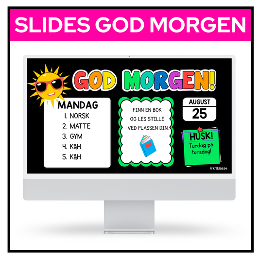 SLIDES | God morgen | REDIGERBAR | Svart med klassisk regnbue | BOKMÅL OG NYNORSK