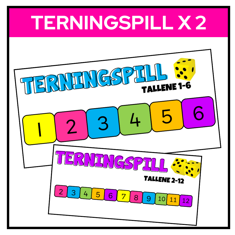 To terningspill for talltrening; ett med tallene 1-6 og ett med tallene 2-12, med spillark og brikker