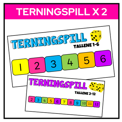 To terningspill for talltrening; ett med tallene 1-6 og ett med tallene 2-12, med spillark og brikker
