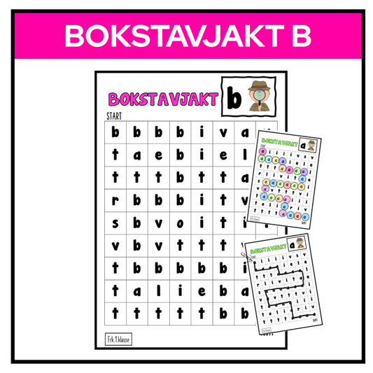 Bokstavjakt-ark med rutenett der eleven skal finne og markere bokstaven B ved å lage streker eller ringer rundt bokstavene.